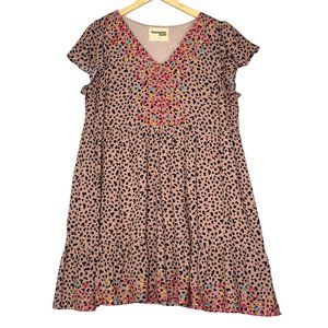 Savanna Jane Leopard Print Flutter Sleeve Multicolor Embroider Mini Dress Size L